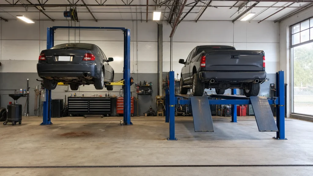 Illustrative comparison of two-post and four-post vehicle lifts in adjacent service bays