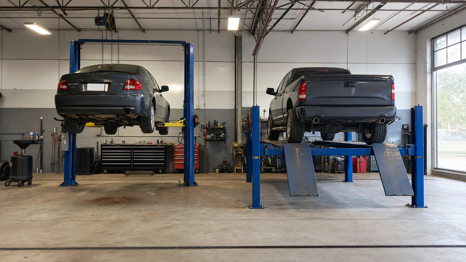 Illustrative comparison of two-post and four-post vehicle lifts in adjacent service bays