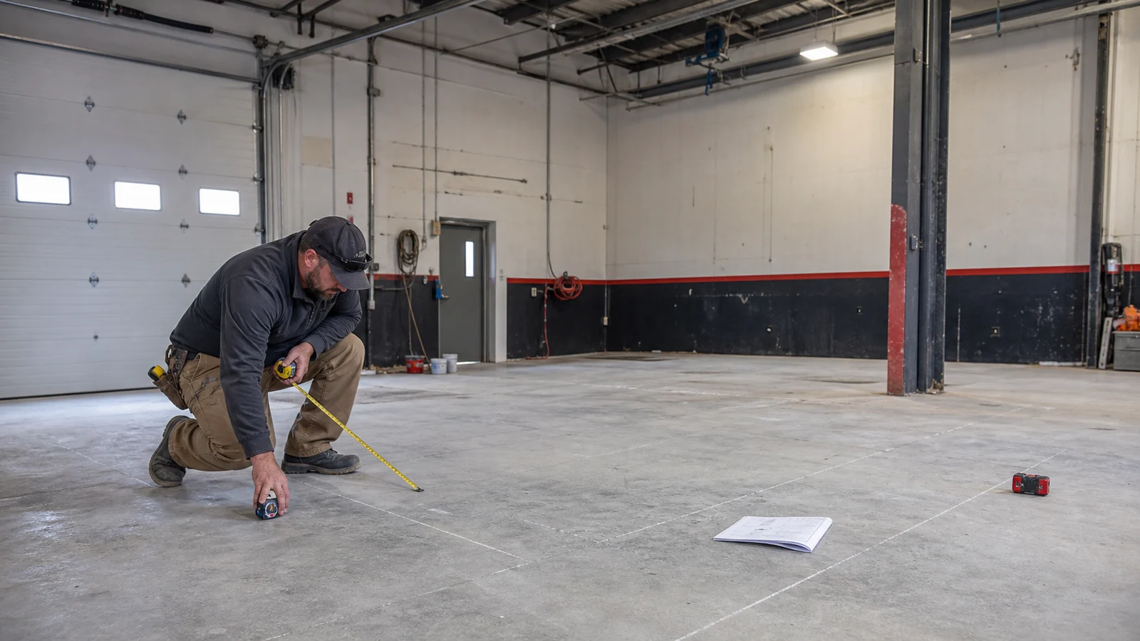 Illustrative contractor measuring an automotive service bay before lift installation