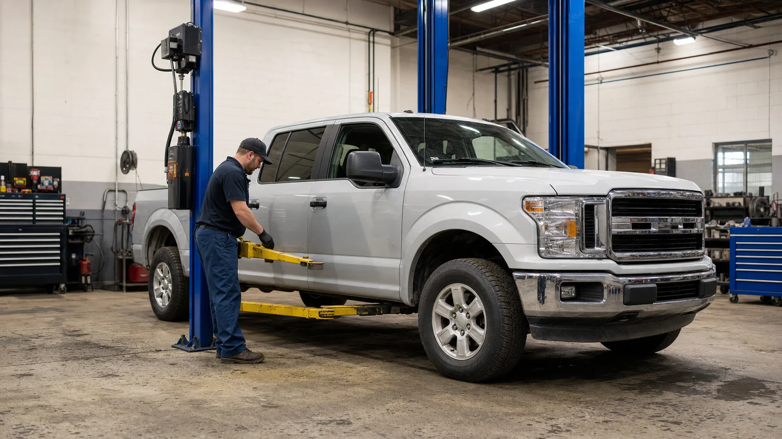 Illustrative technician positioning lift arms beside a full-size pickup truck