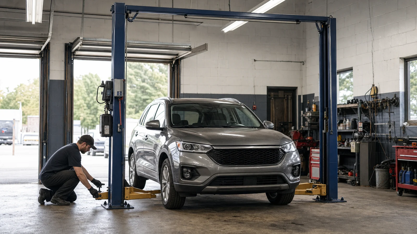 Illustrative technician positioning the arms of an overhead two-post vehicle lift