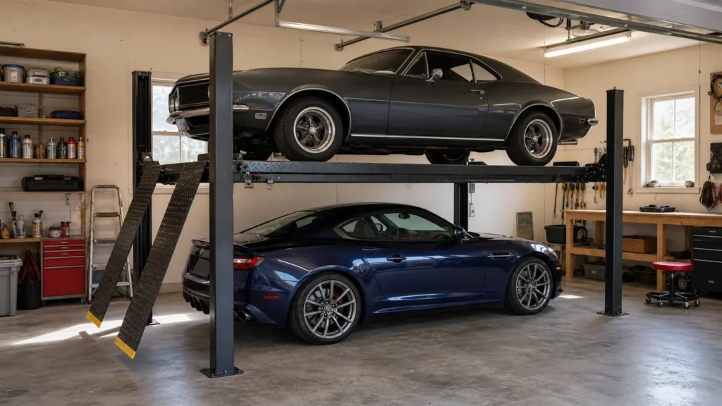 Illustrative four-post parking lift storing one car above another in a home garage