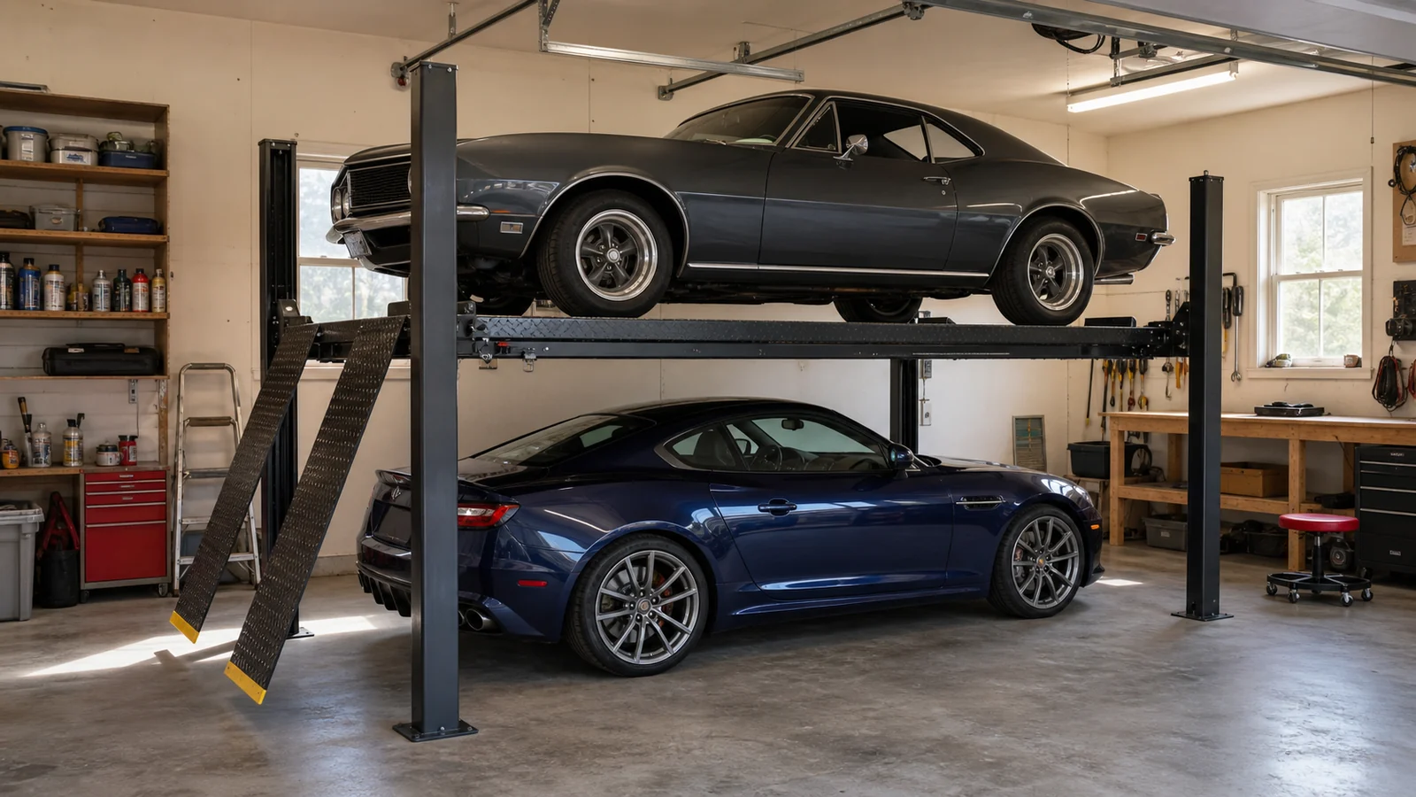 Illustrative four-post parking lift storing one car above another in a home garage
