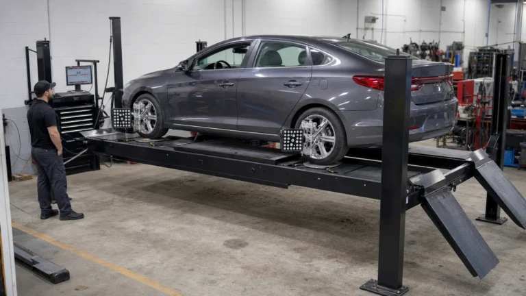 Illustrative sedan on a four-post wheel-alignment rack with alignment targets