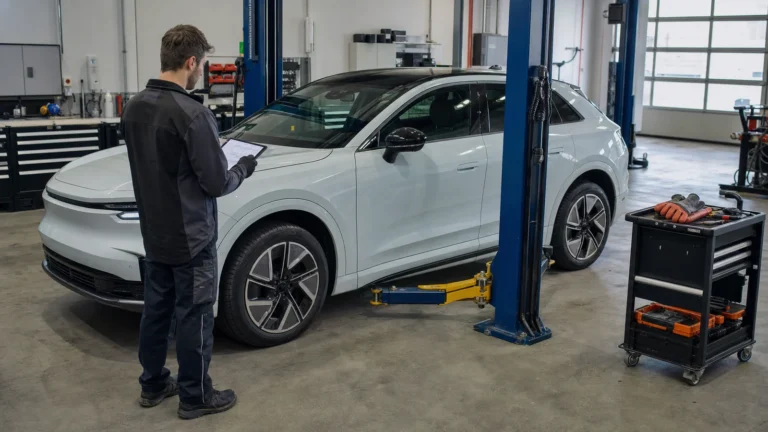 Illustrative technician reviewing lift-point information beside an electric crossover and two-post lift