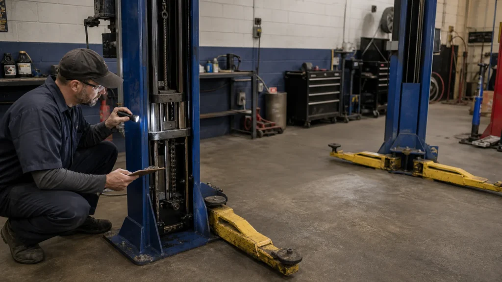 Illustrative qualified technician inspecting the components of an empty two-post vehicle lift