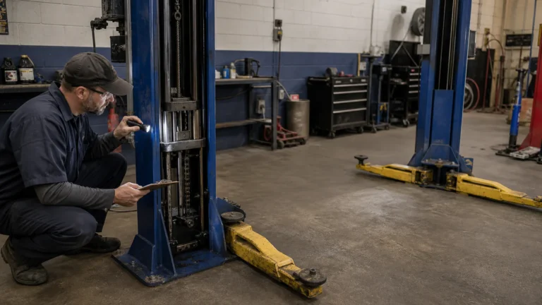 Illustrative qualified technician inspecting the components of an empty two-post vehicle lift