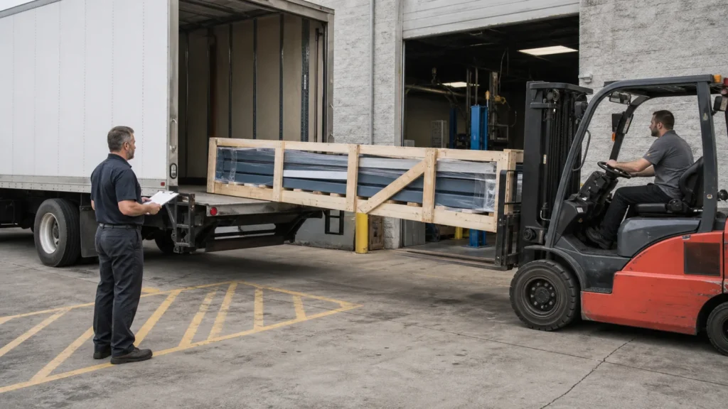Illustrative forklift receiving a long crated vehicle lift shipment at a workshop