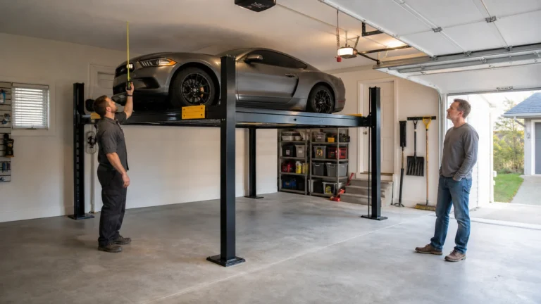 Illustrative installer measuring ceiling clearance beside a home-garage parking lift
