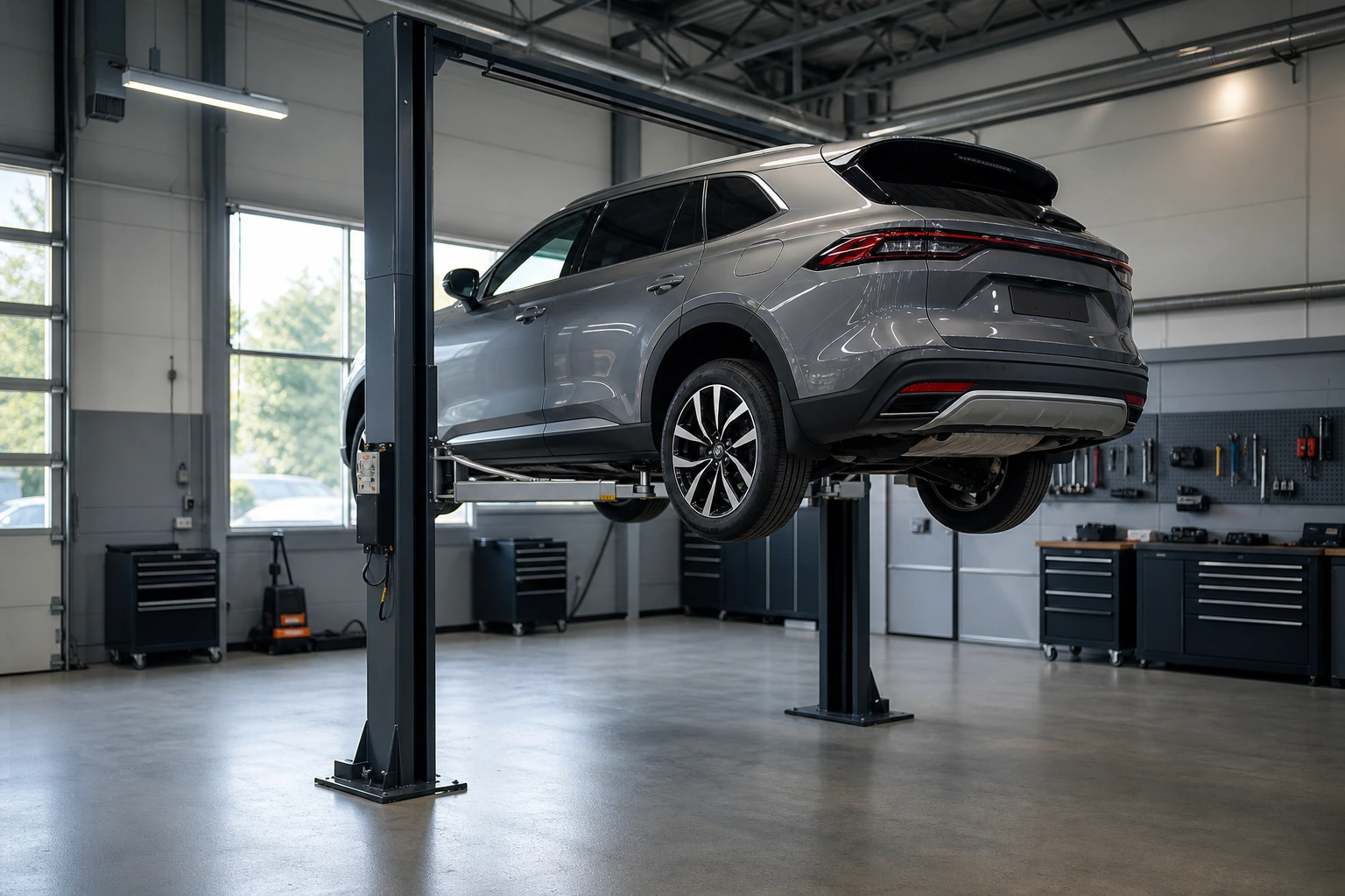 Professional vehicle lift holding an SUV in a modern service garage