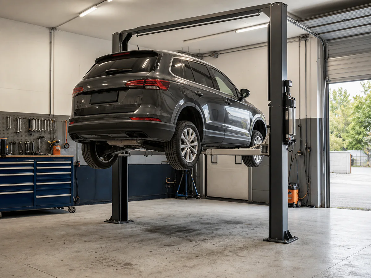 Vehicle raised on a two-post lift in a professional service bay