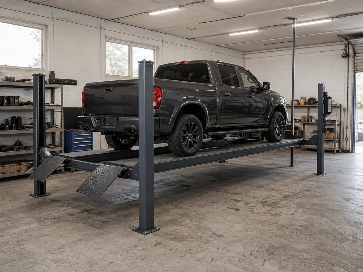 Pickup supported on a four-post lift inside a professional garage