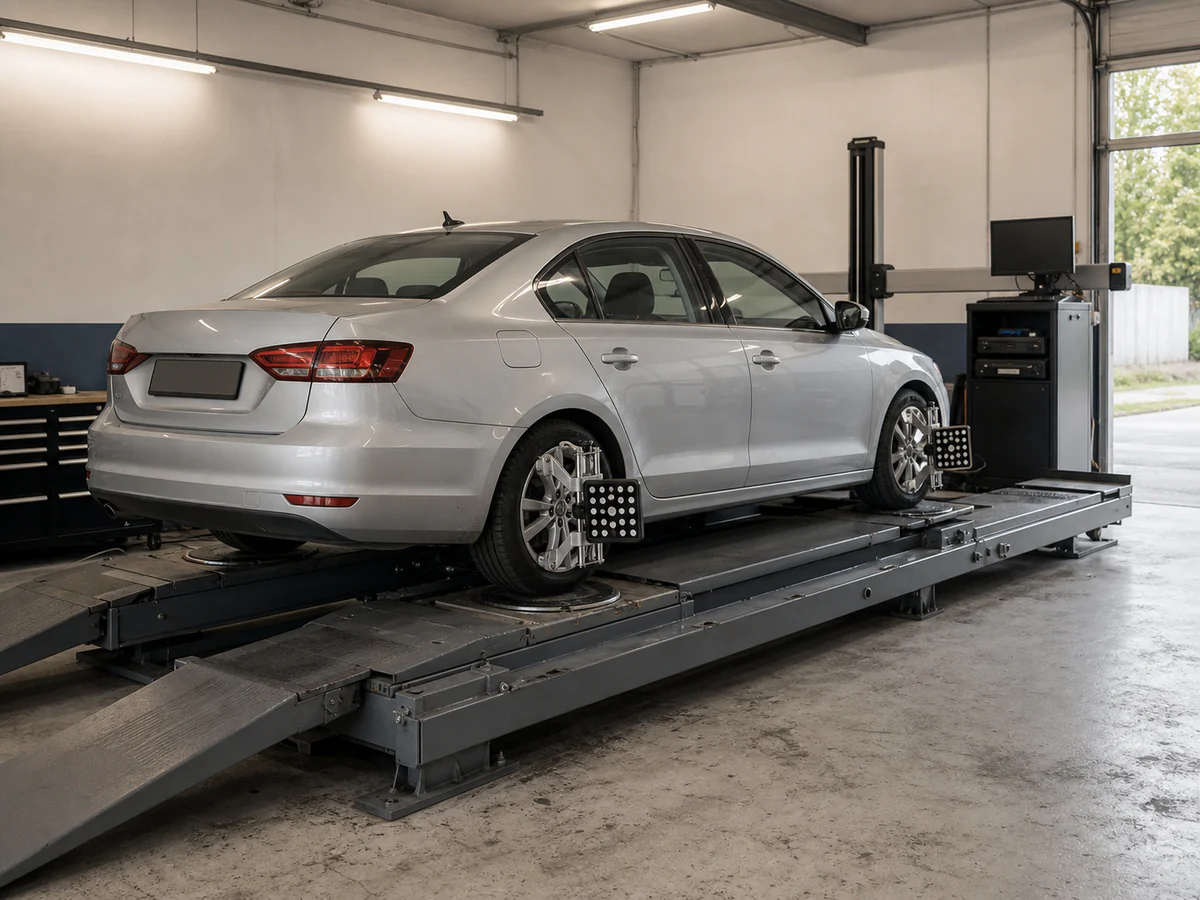 Sedan positioned on an automotive alignment lift with wheel sensors
