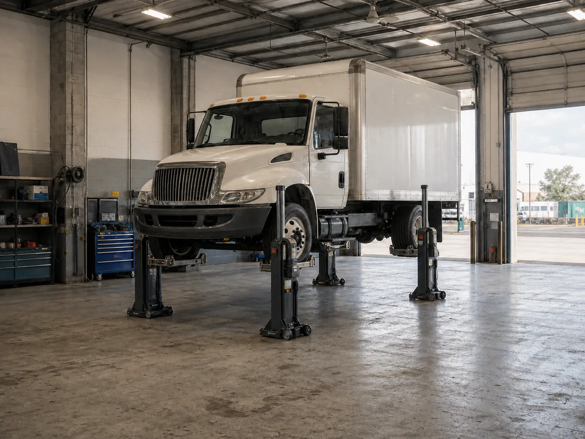 Box truck raised by synchronized mobile column lifts in a fleet workshop