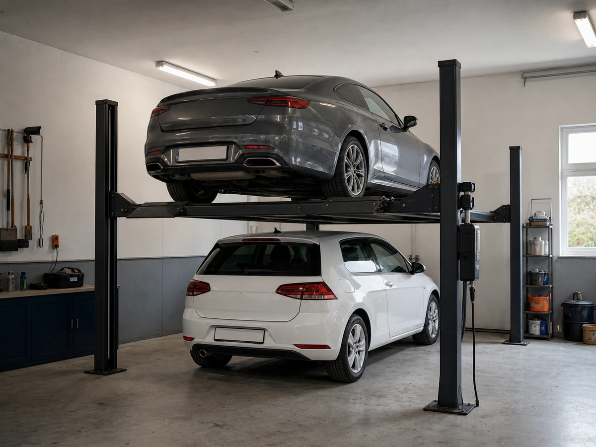Two vehicles stored vertically using a parking lift in an indoor garage
