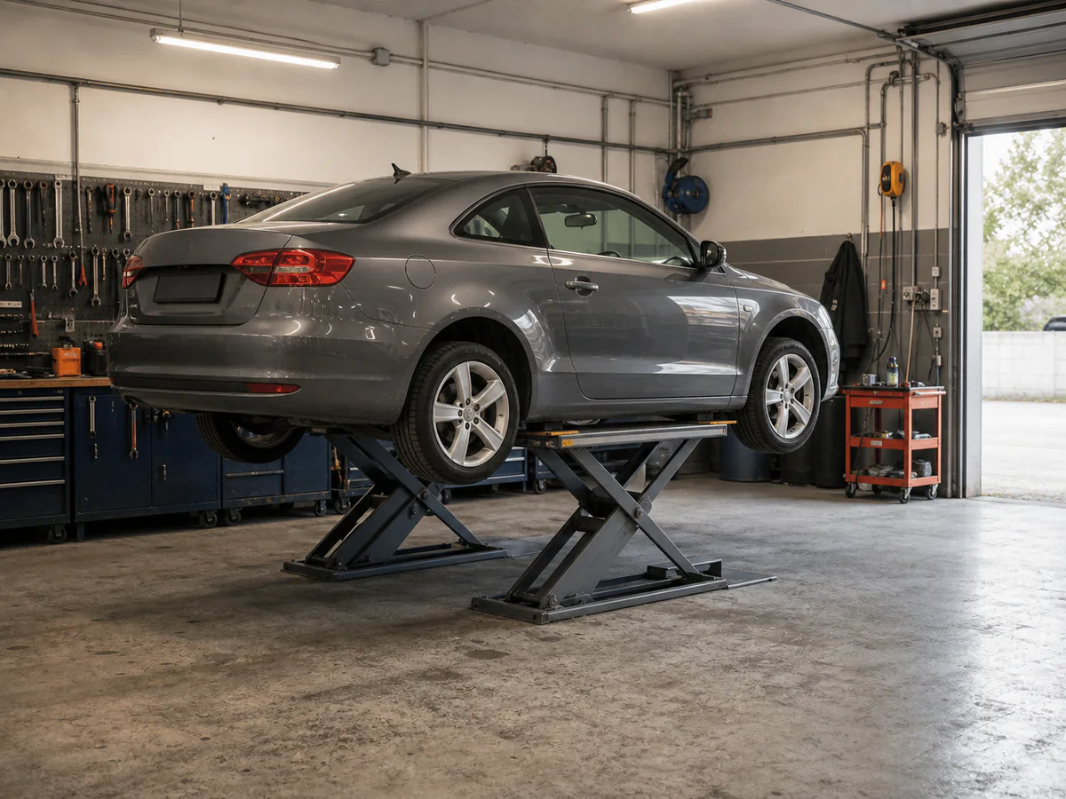 Compact vehicle raised on a low-rise specialty scissor lift